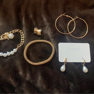 Set of Five Pieces Gold Tone and Pearl Fashion Jewelry. 2 Bracelets 3 Earrings A